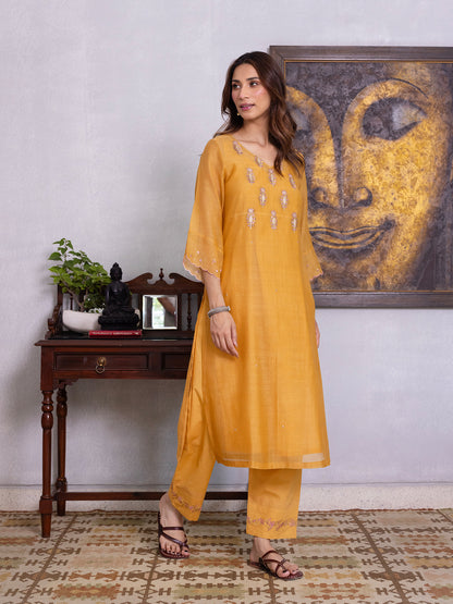 Mustard yellow mul chanderi gota with thread embroidery kurta set