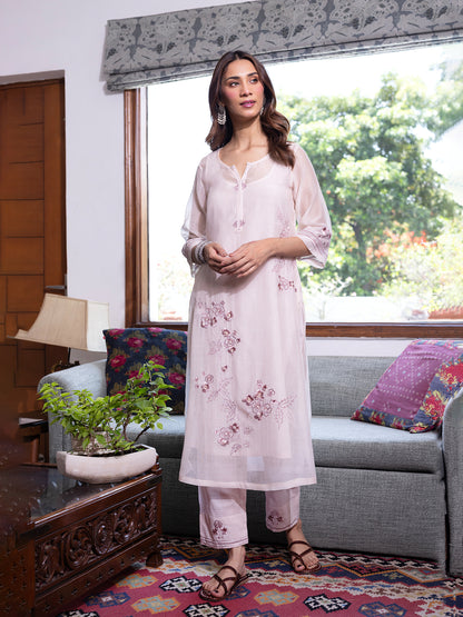 Off white mul chanderi  thread with sequence and bead work kurta set
