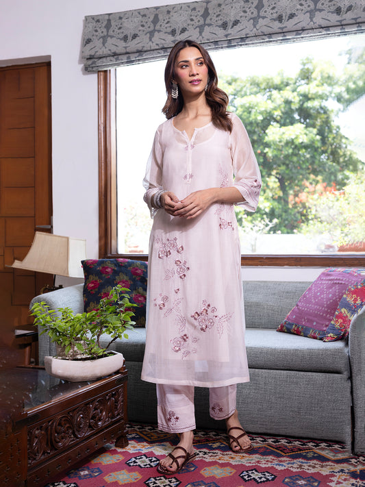 Off white mul chanderi  thread with sequence and bead work kurta