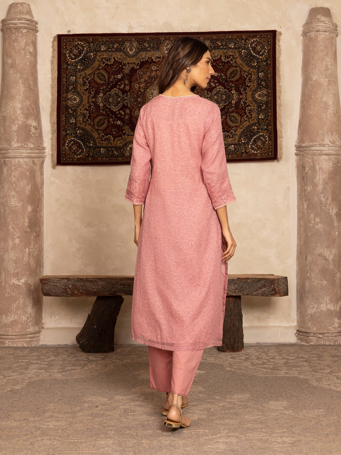 Pink hand block print kota cotton with zardozi hand embroidery kurta set