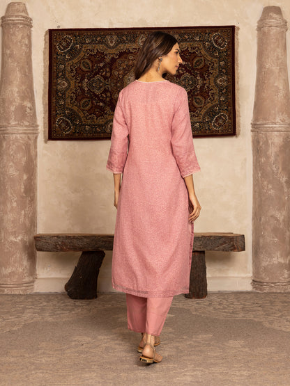 Pink hand block print kota cotton with zardozi hand embroidery kurta set