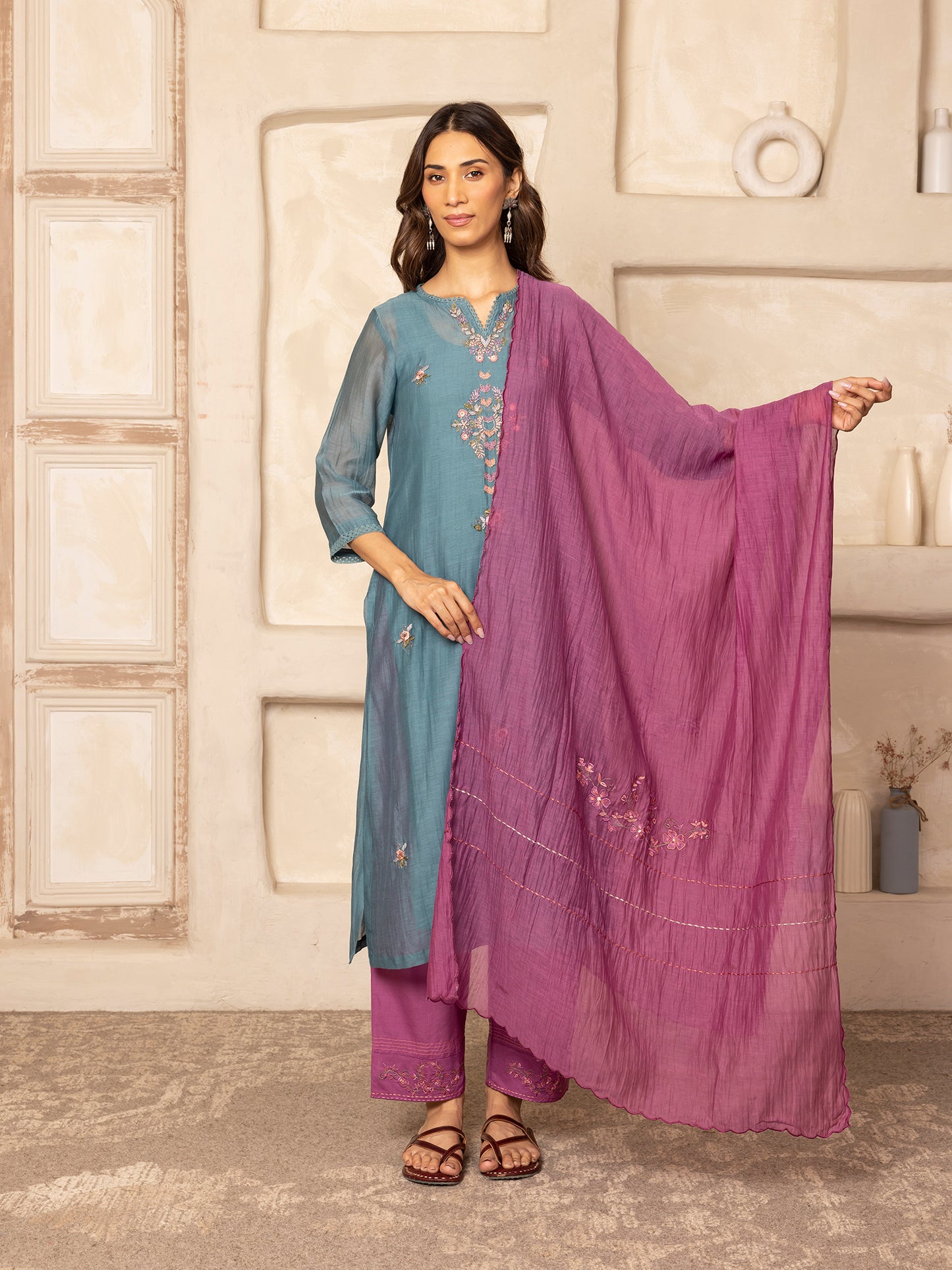 Teal mul chanderi thread with crochet hand embroidery kurta