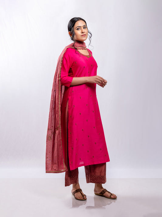 Rani pink cotton silk aari hand embroidery kurta set