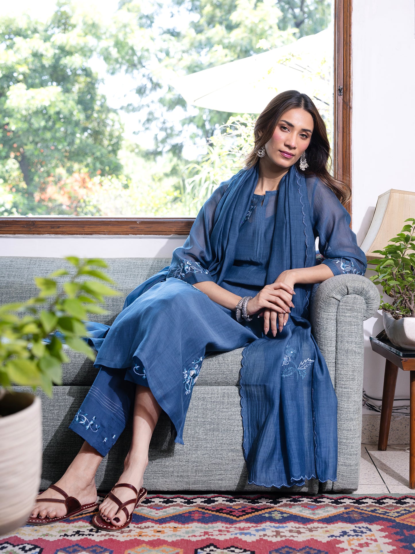 Teal blue mul chanderi  thread with sequence and bead work kurta