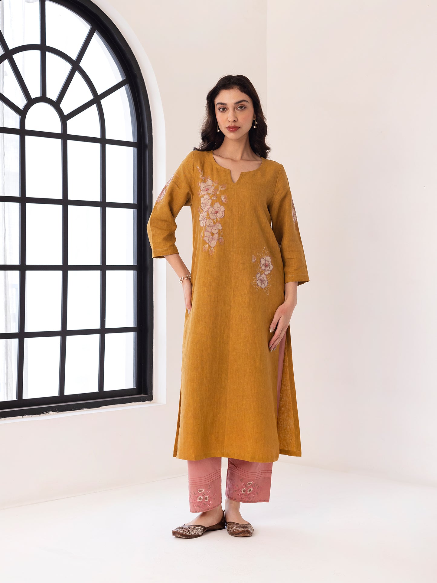 Yellow linen thread and fabric cutwork kurta set