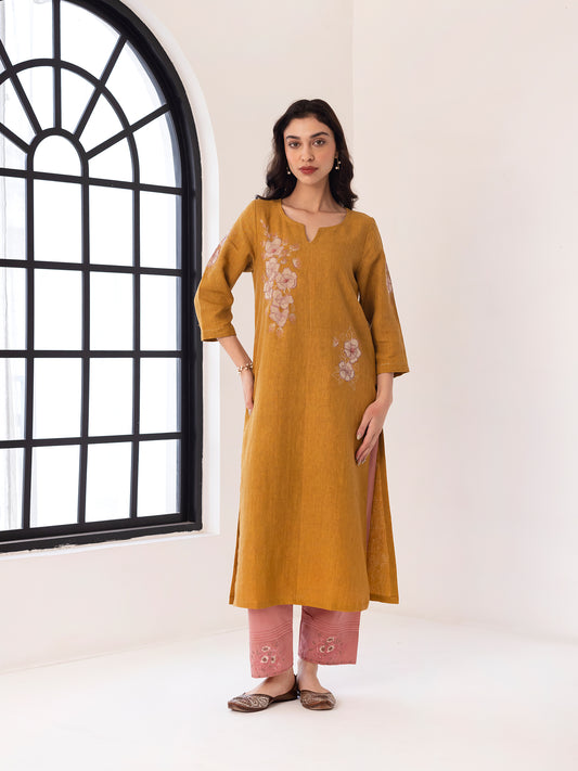 Yellow linen thread and fabric cutwork kurta