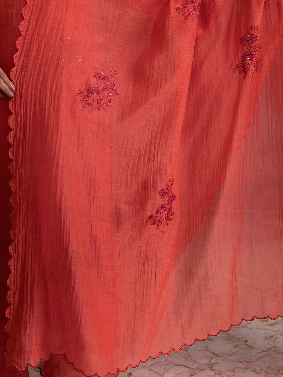 Rust orange mul chanderi thread with mirror and sequence embroidery kurta set