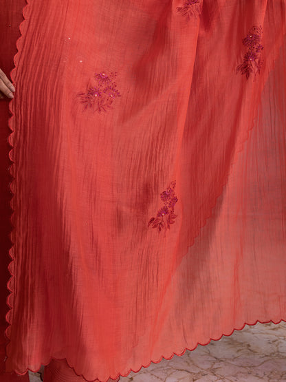 Rust orange mul chanderi thread with mirror and sequence embroidery kurta set