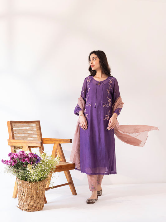 Purple mul chanderi  thread and fabric cutwork kurta set