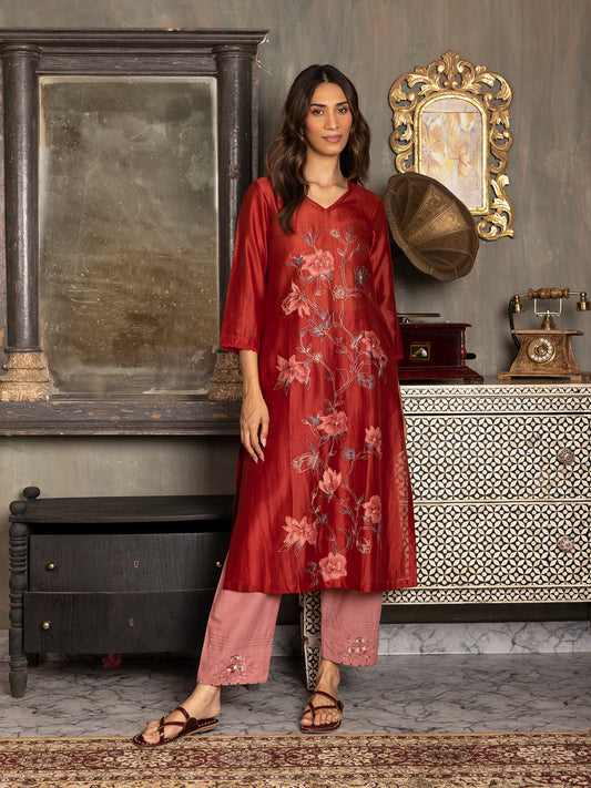Red silk chanderi thread and fabric cutwork work kurta