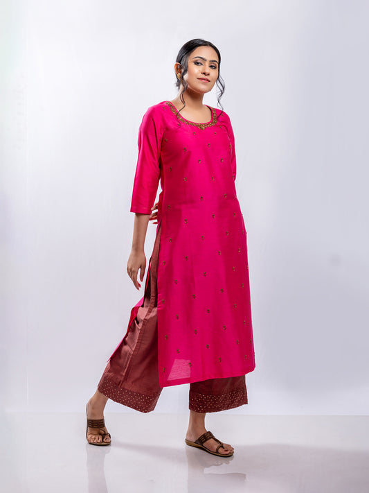 Rani pink cotton silk aari hand embroidery kurta