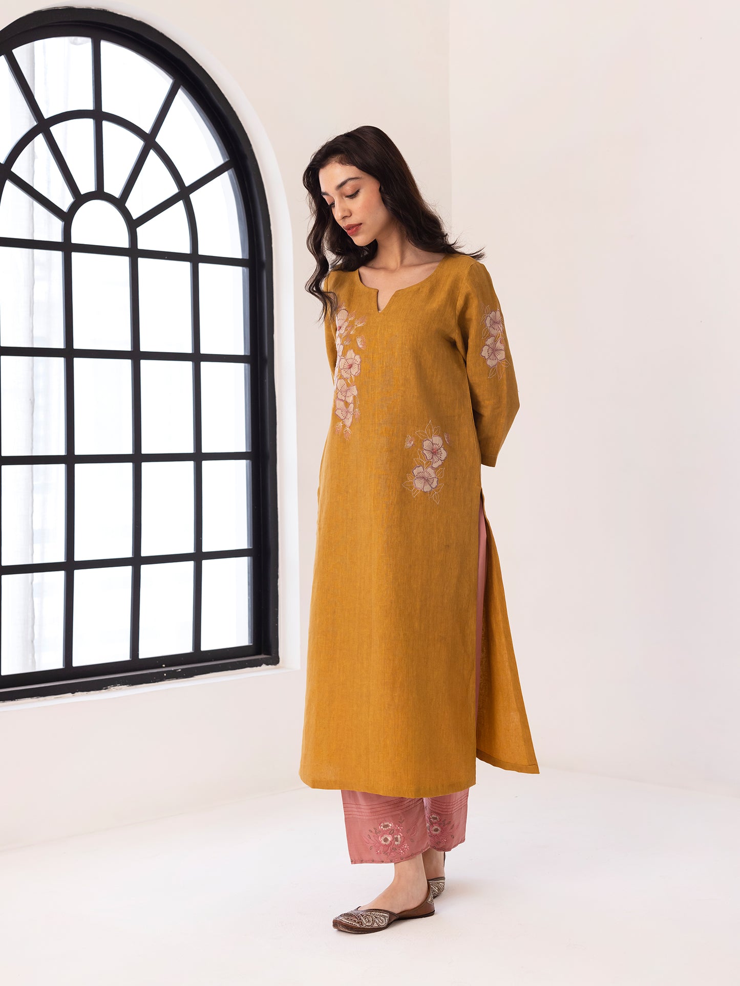 Yellow linen thread and fabric cutwork kurta set