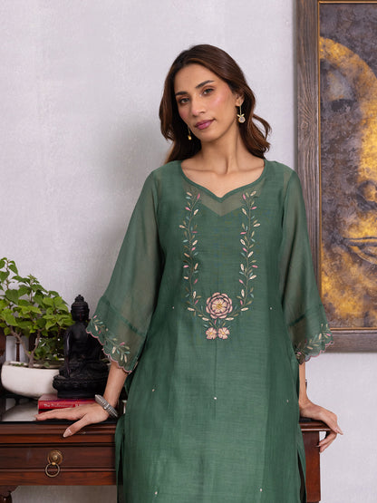 Green mul chanderi gota with thread embroidery kurta set