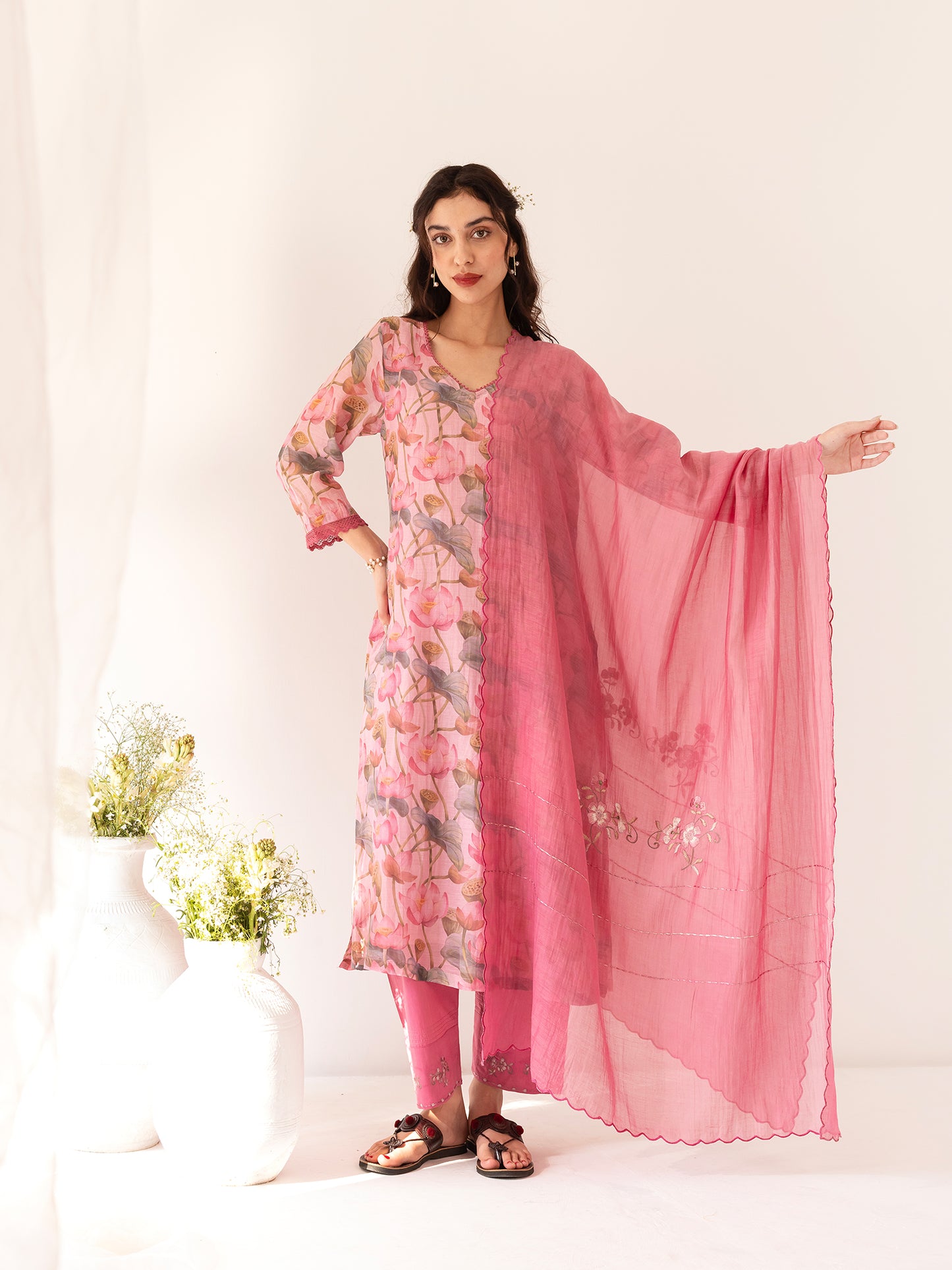 Pink lotus floral printed mul chanderi beadwork kurta set