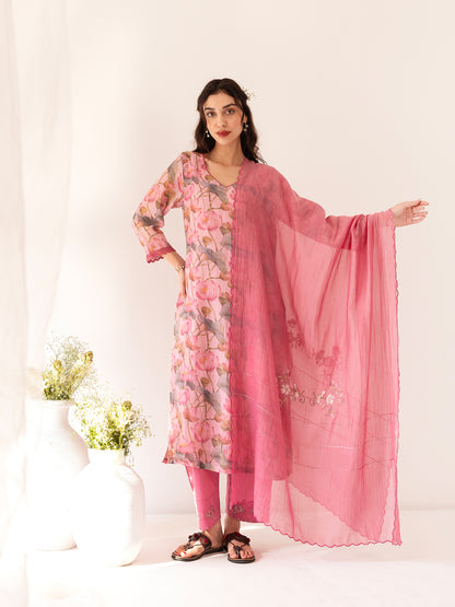 Pink lotus floral printed mul chanderi beadwork kurta set