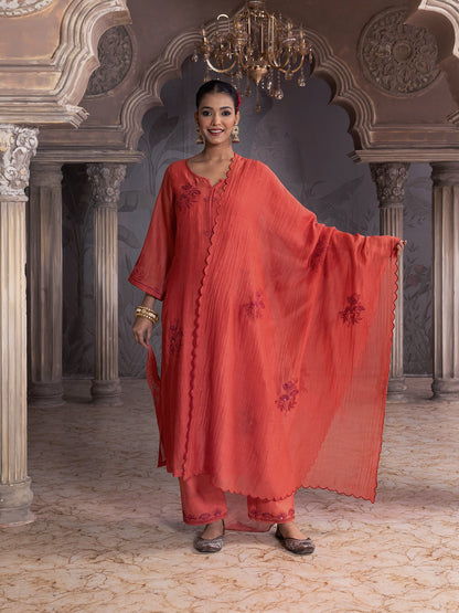 Rust orange mul chanderi thread with mirror and sequence embroidery kurta set