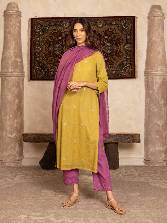 Parrot green hand block print kota cotton with zardozi hand embroidery kurta set