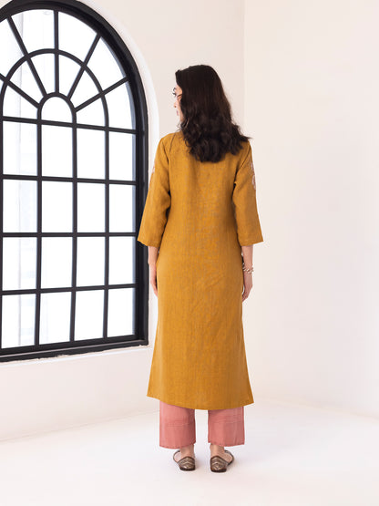 Yellow linen thread and fabric cutwork kurta set