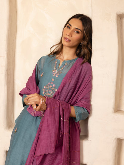 Teal mul chanderi thread with crochet hand embroidery kurta