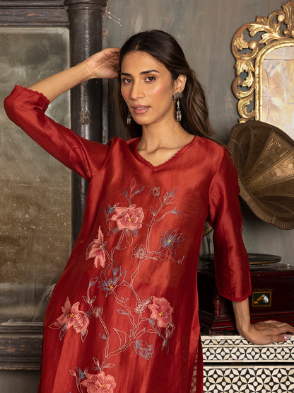 Red silk chanderi thread and fabric cutwork work kurta