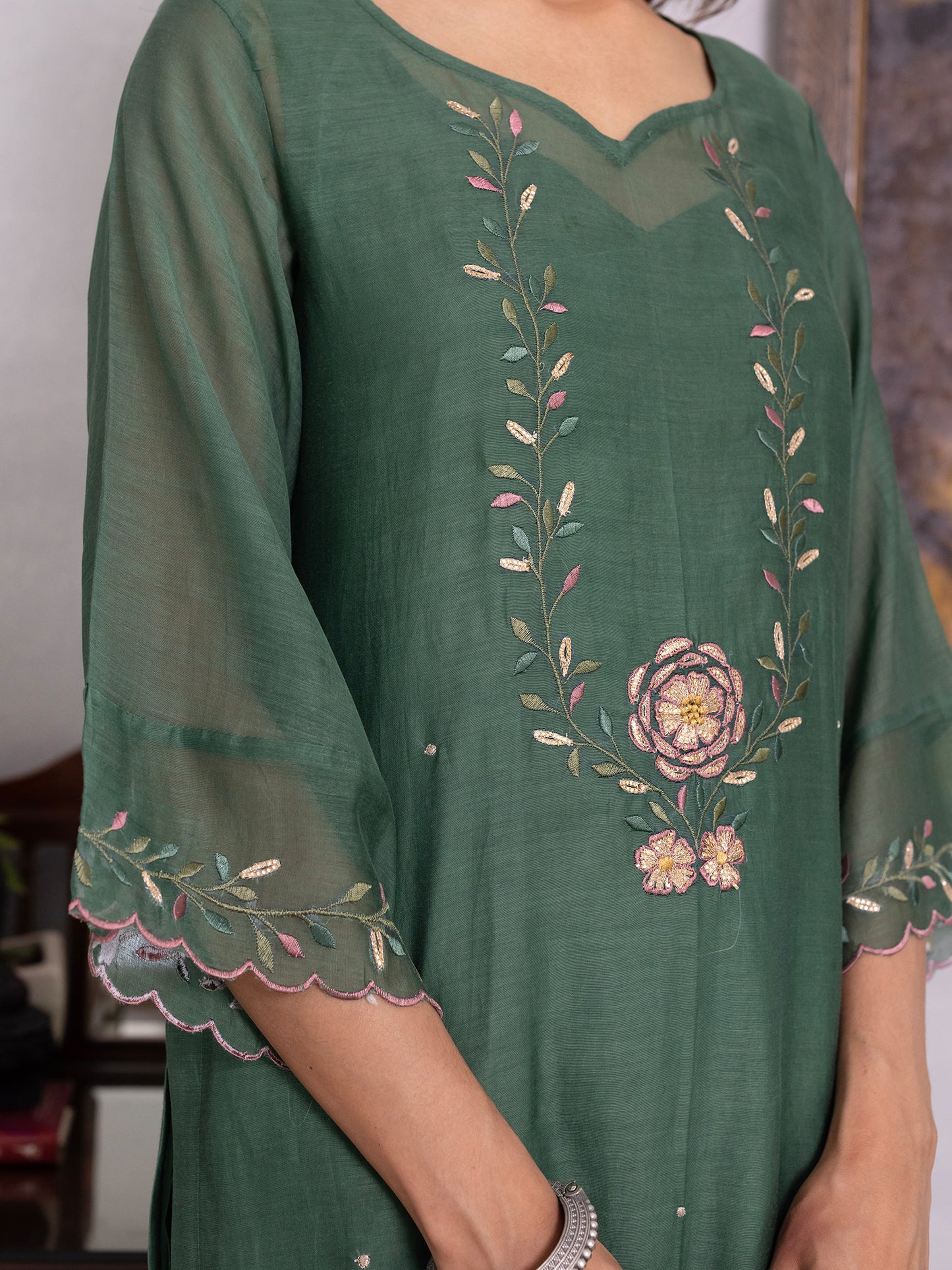 Green mul chanderi gota with thread embroidery kurta set