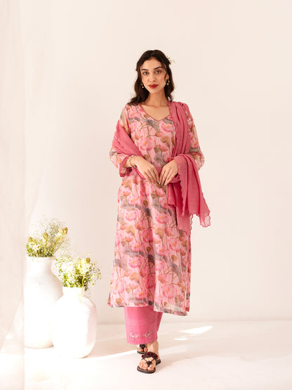 Pink lotus floral printed mul chanderi beadwork kurta set