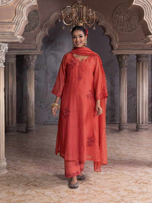 Rust orange mul chanderi thread with mirror and sequence embroidery kurta set