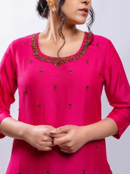 Rani pink cotton silk aari hand embroidery kurta set