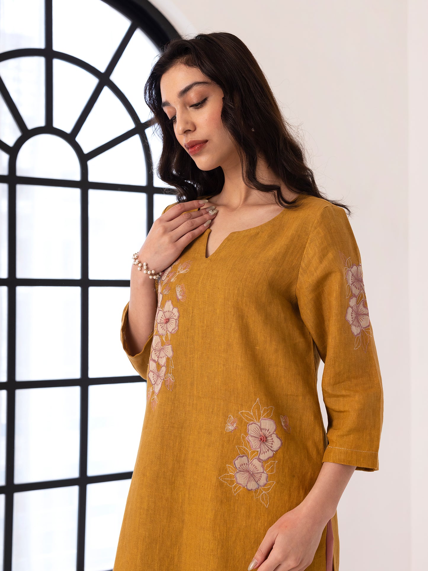 Yellow linen thread and fabric cutwork kurta set