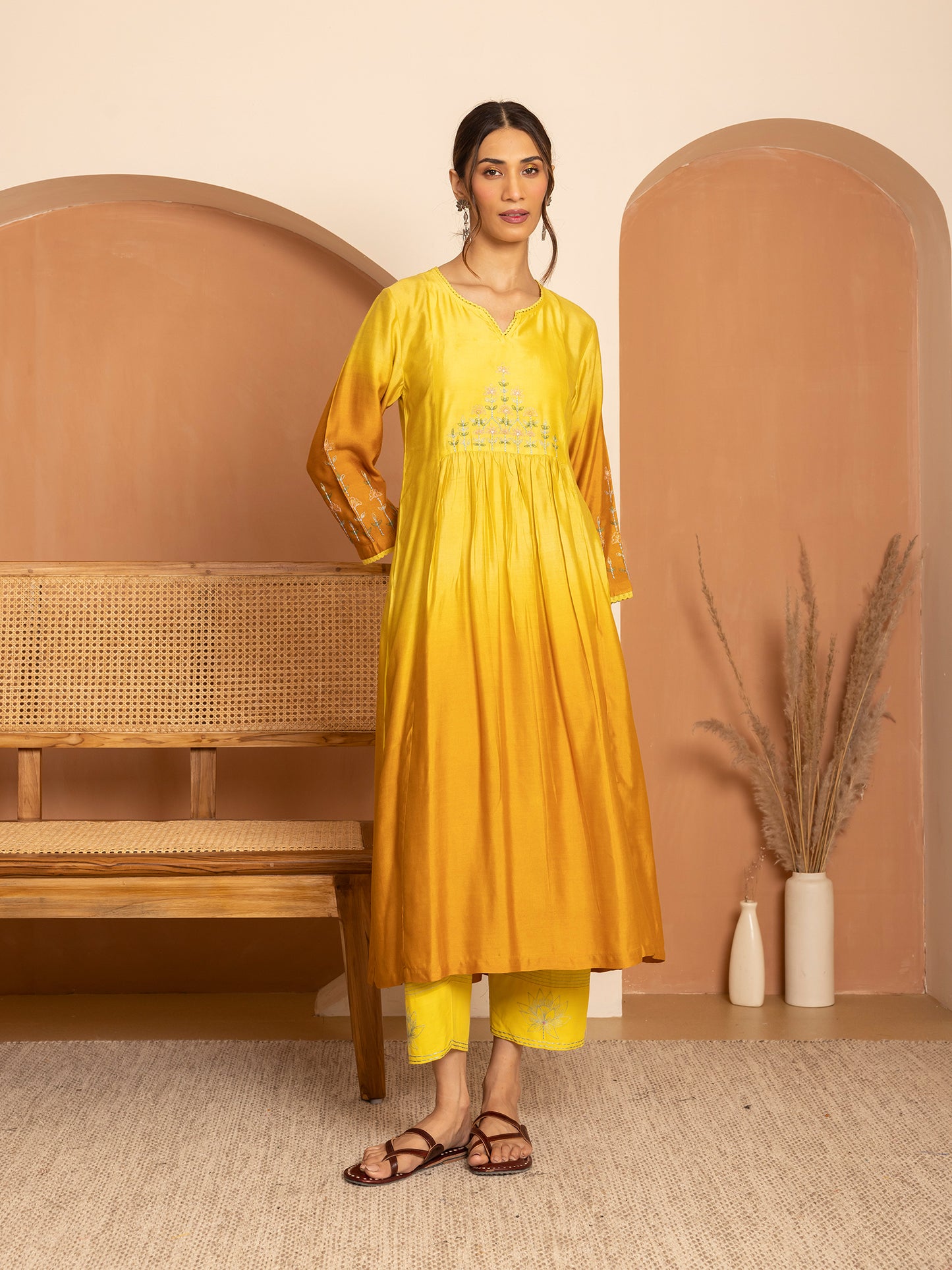 light lemon yellow and dark yellow bamboo silk ombrey with thread and bead embroidery kurta