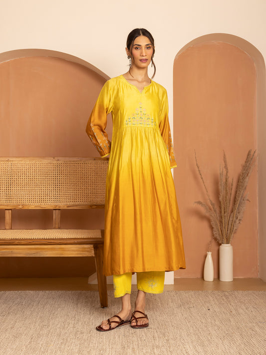 light lemon yellow and dark yellow bamboo silk ombrey with thread and bead embroidery kurta