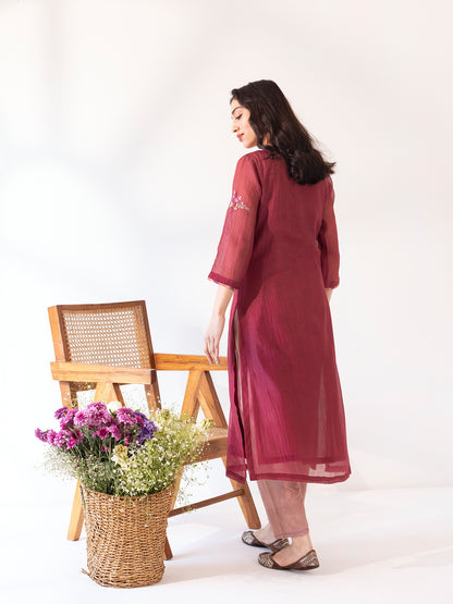 Burgundy mul chanderi thread work kurta set