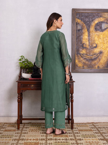 Green mul chanderi gota with thread embroidery kurta set