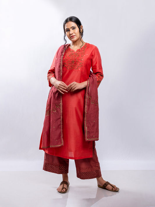 Coral cotton silk aari hand embroidery kurta set