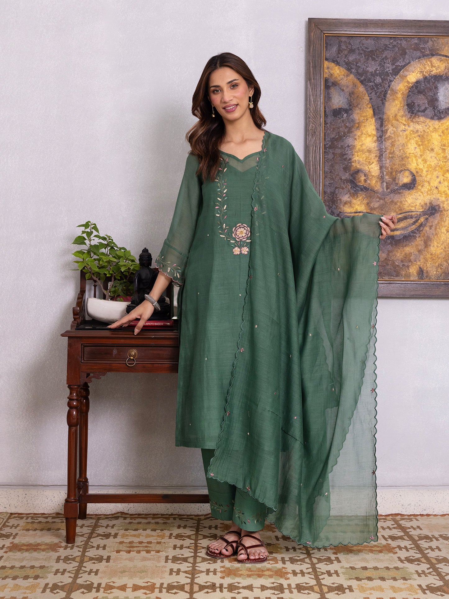 Green mul chanderi gota with thread embroidery kurta set