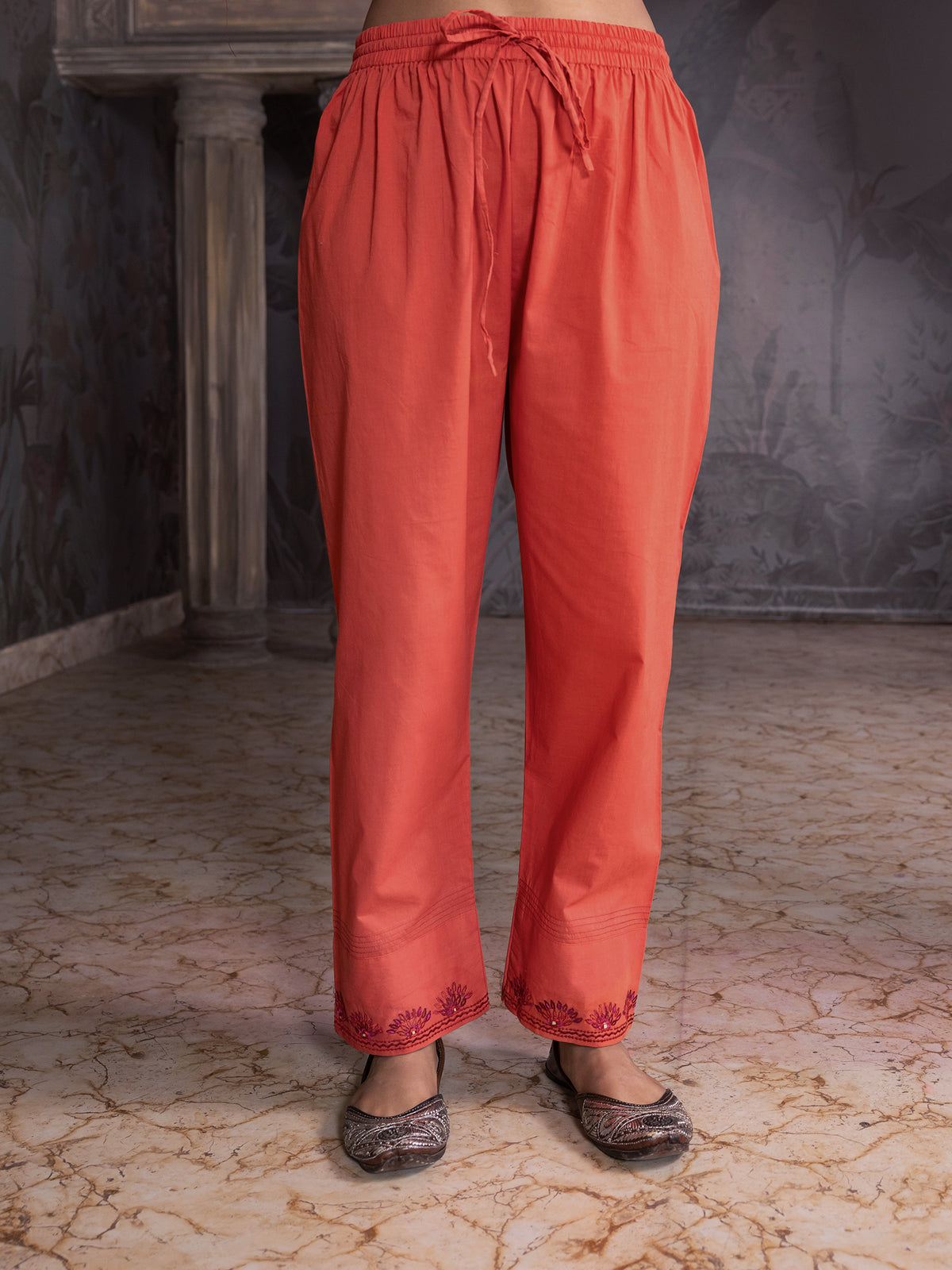 Rust orange Cotton Pant  with thread and mirror work