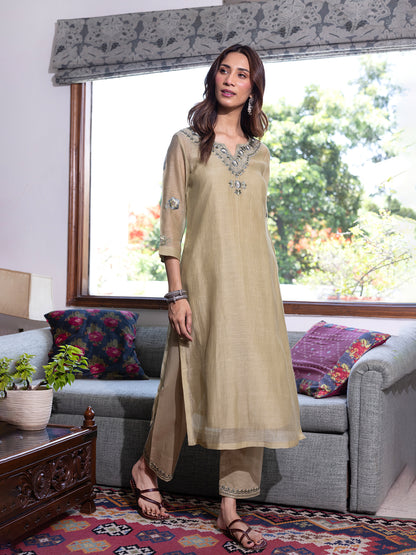 Sage green mul chanderi  thread with sequence and bead work kurta set