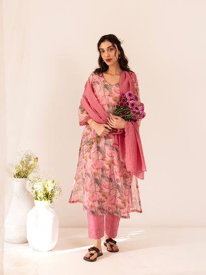 Pink lotus floral printed mul chanderi beadwork kurta set