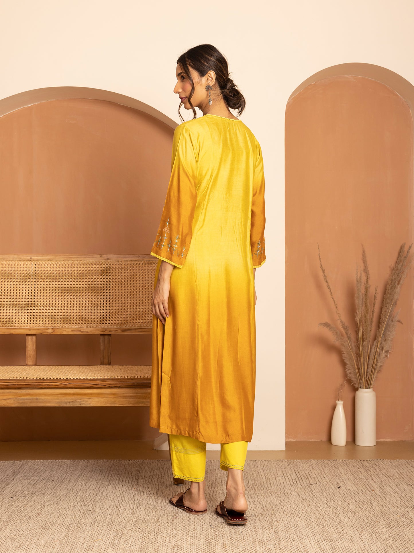 light lemon yellow and dark yellow bamboo silk ombrey with thread and bead embroidery kurta