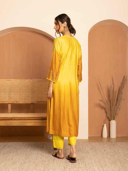 light lemon yellow and dark yellow bamboo silk ombrey with thread and bead embroidery kurta
