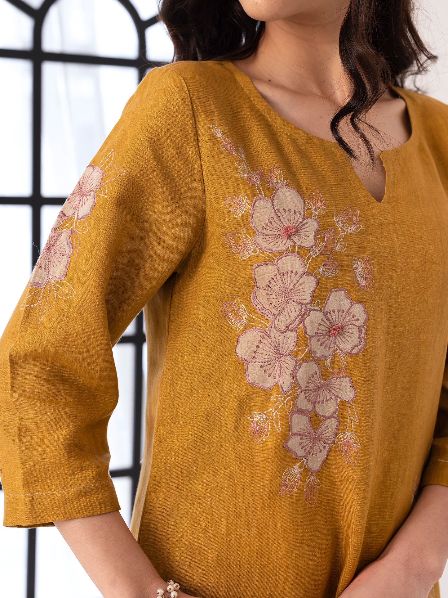 Yellow linen thread and fabric cutwork kurta set