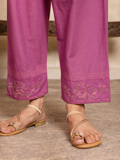 blue and purple ombrey bamboo silk with thread and bead embroidery kurta set