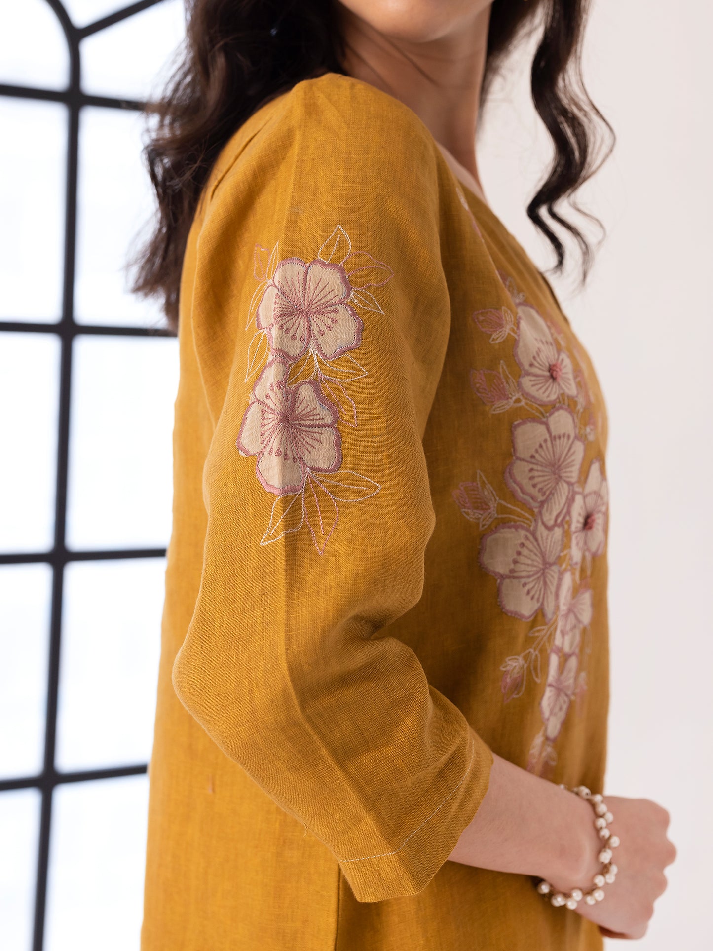 Yellow linen thread and fabric cutwork kurta set