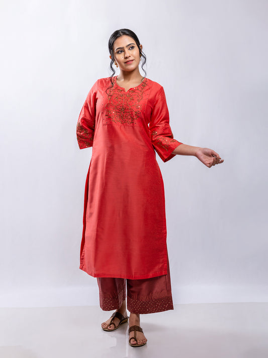 Coral cotton silk aari hand embroidery kurta