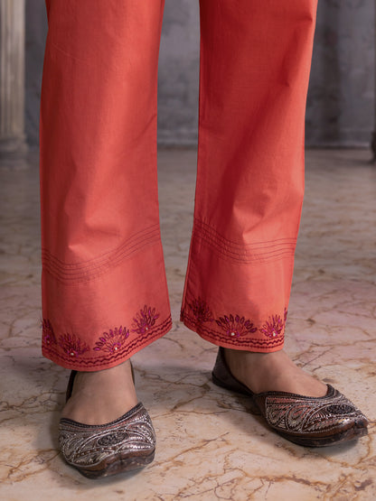 Rust orange Cotton Pant  with thread and mirror work