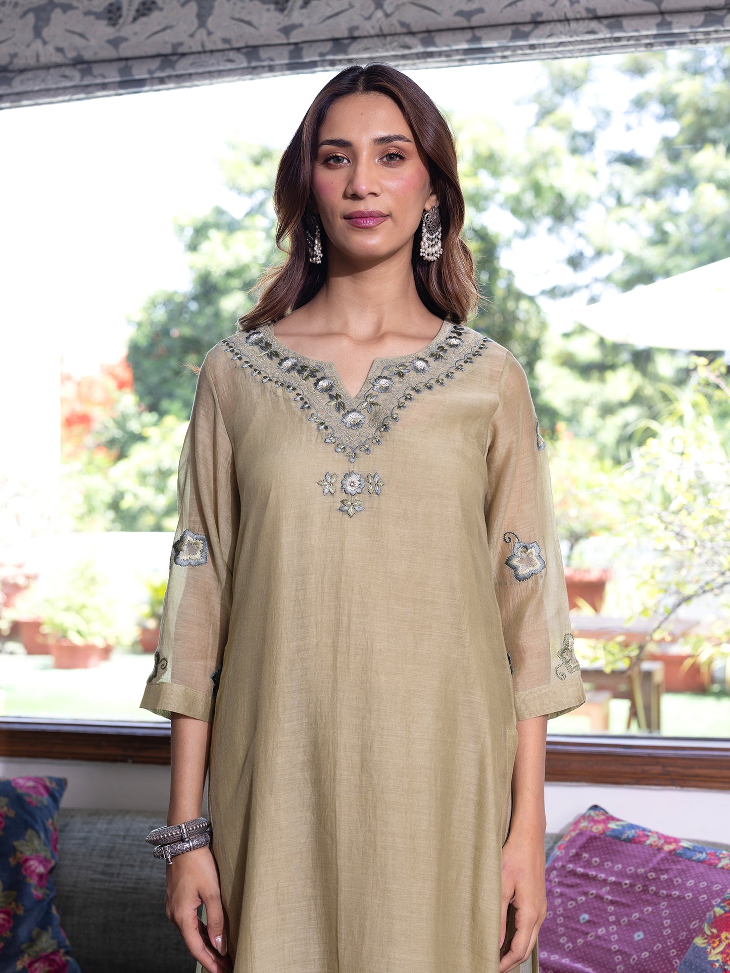 Sage green mul chanderi  thread with sequence and bead work kurta set