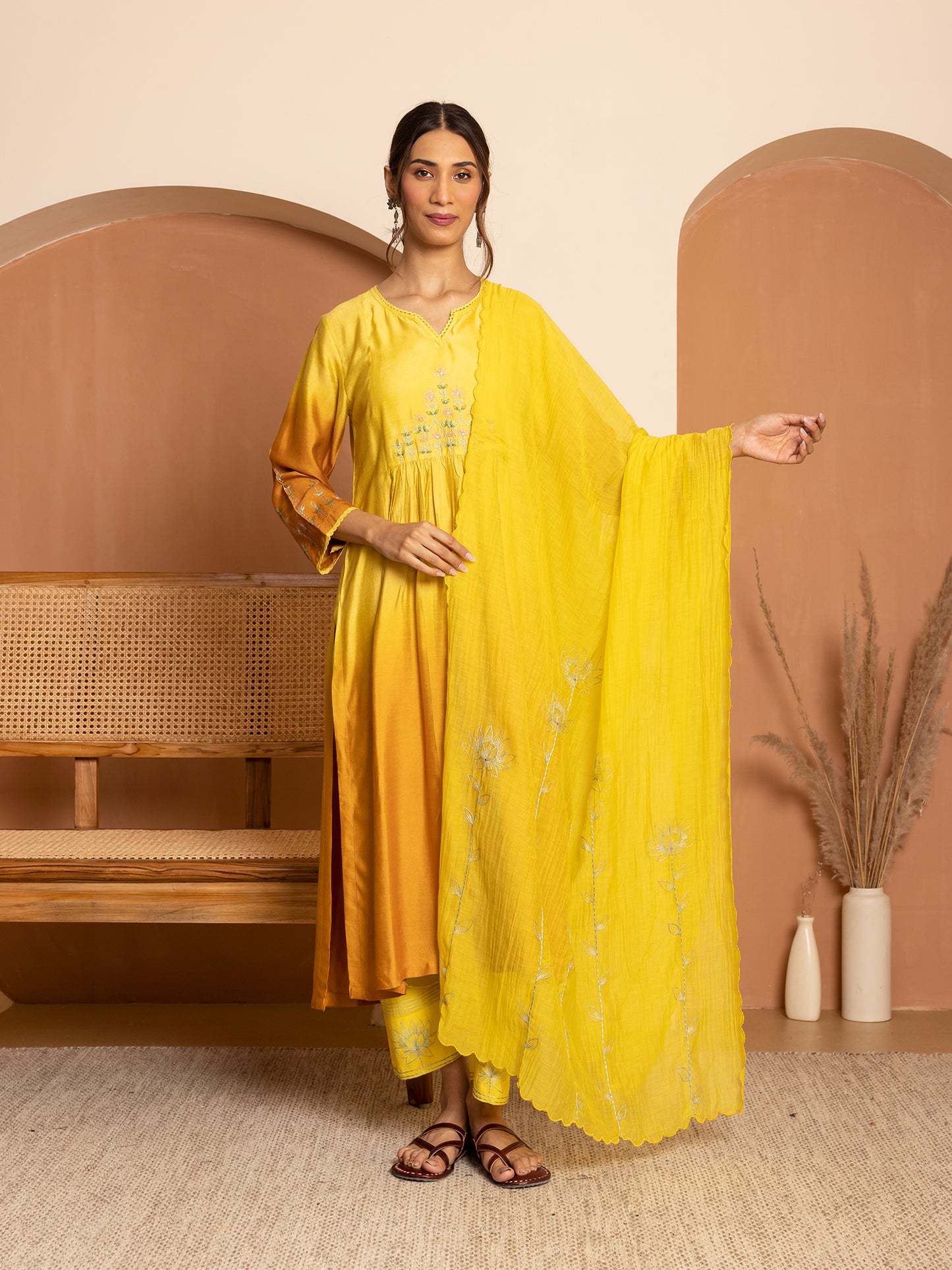 light lemon yellow and dark yellow bamboo silk ombrey with thread and bead embroidery kurta