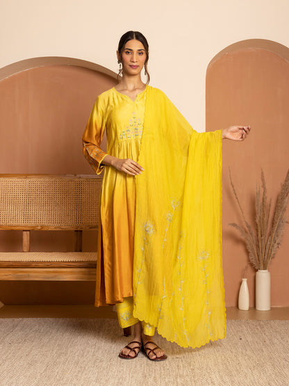 light lemon yellow and dark yellow bamboo silk ombrey with thread and bead embroidery kurta