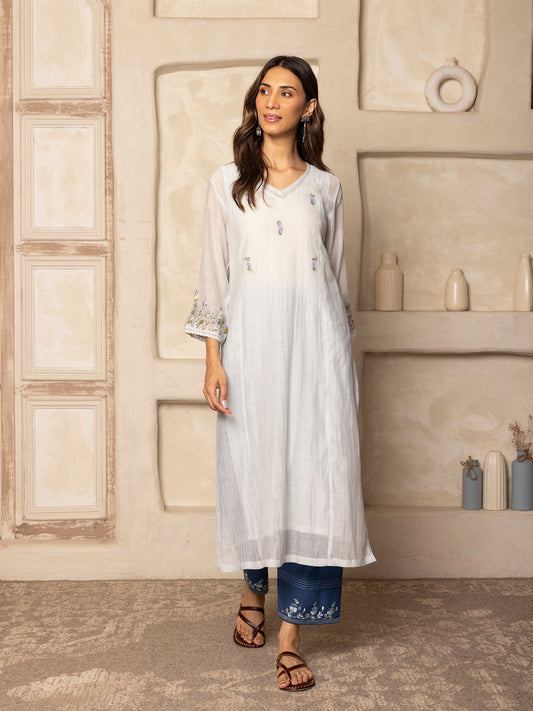 Light sky blue mul chanderi thread with crochet hand embroidery kurta