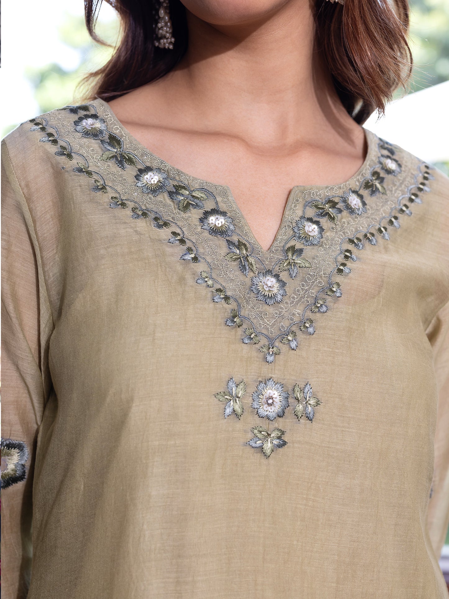 Sage green mul chanderi  thread with sequence and bead work kurta set